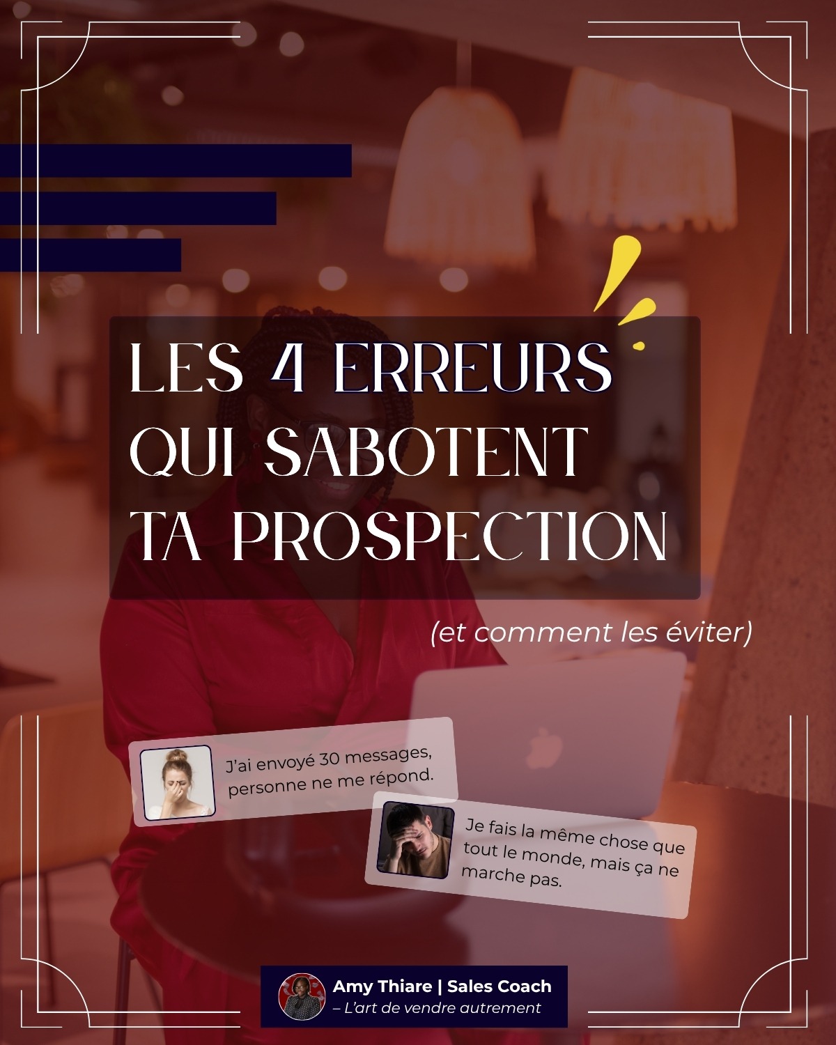 Optimisation de profil LinkedIn Page de couverture du carrousel LinkedIn réalisé par Léa Moisson, votre Social Media Manager pour ma cliente Amy Thiare, coach de vente et formatrice commerciale.