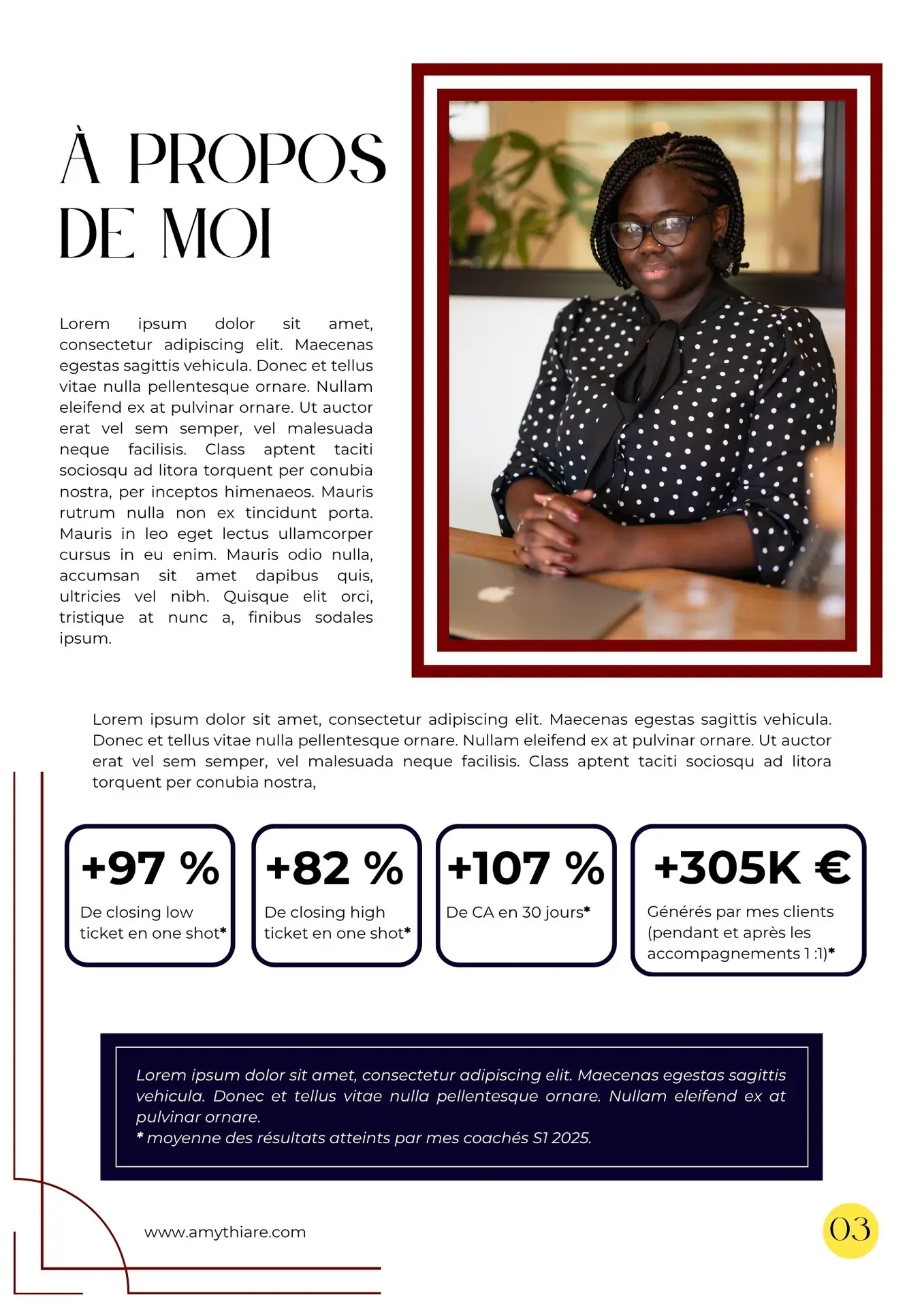 Optimisation de profil LinkedIn Page 3 du document proposition commerciale réalisé par Léa Moisson, votre Social Media Manager pour ma cliente Amy Thiare, coach de vente et formatrice commerciale.