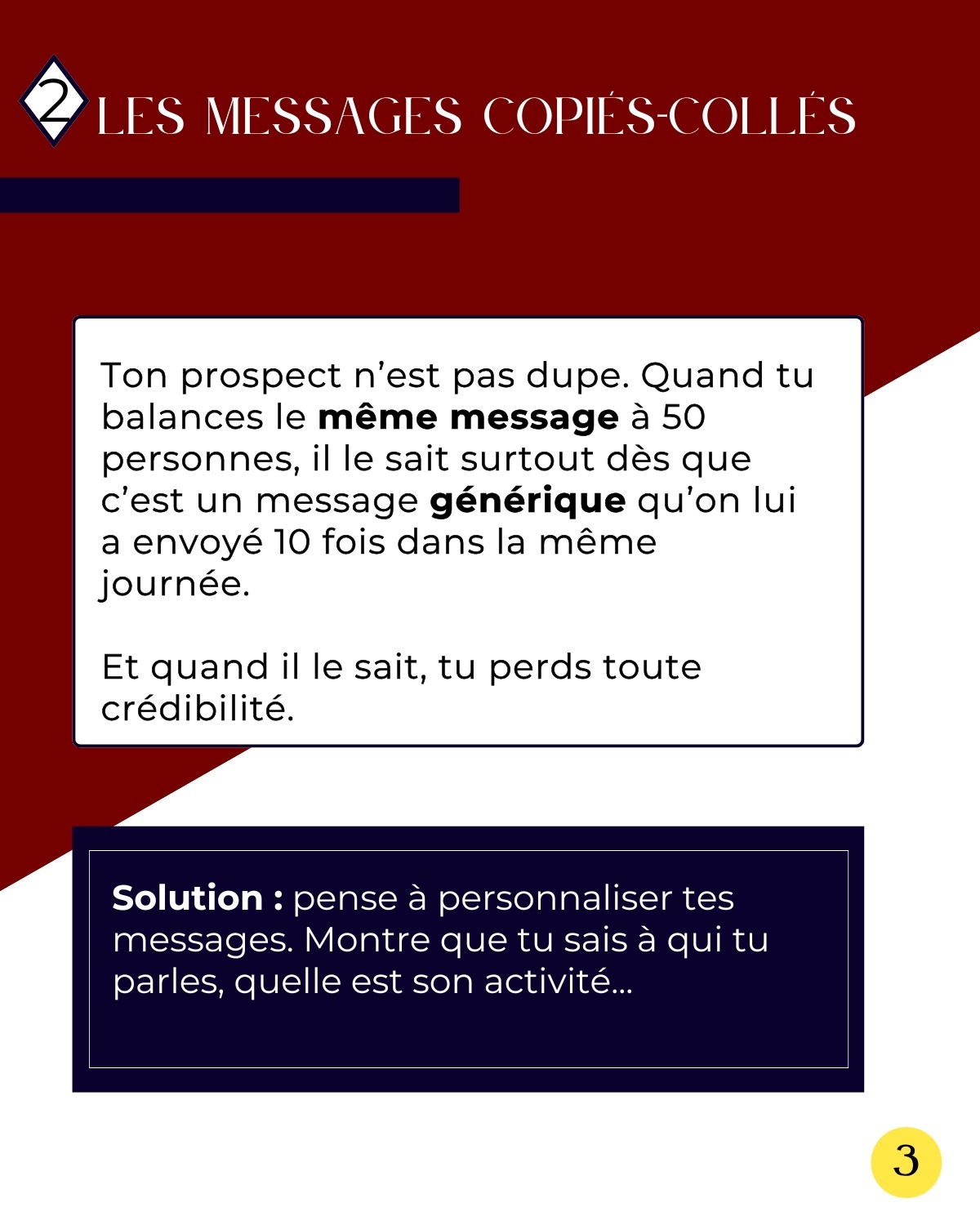 Optimisation de profil LinkedIn Quatrième slide du carrousel LinkedIn réalisé par Léa Moisson, votre Social Media Manager pour ma cliente Amy Thiare, coach de vente et formatrice commerciale.