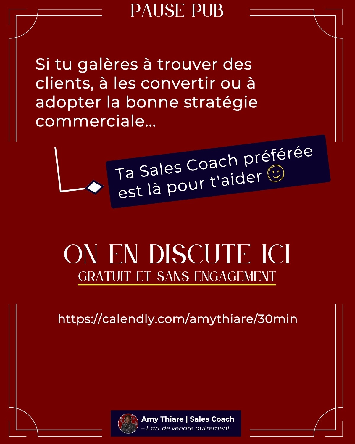 Optimisation de profil LinkedIn Cinquième slide du carrousel LinkedIn réalisé par Léa Moisson, votre Social Media Manager pour ma cliente Amy Thiare, coach de vente et formatrice commerciale.