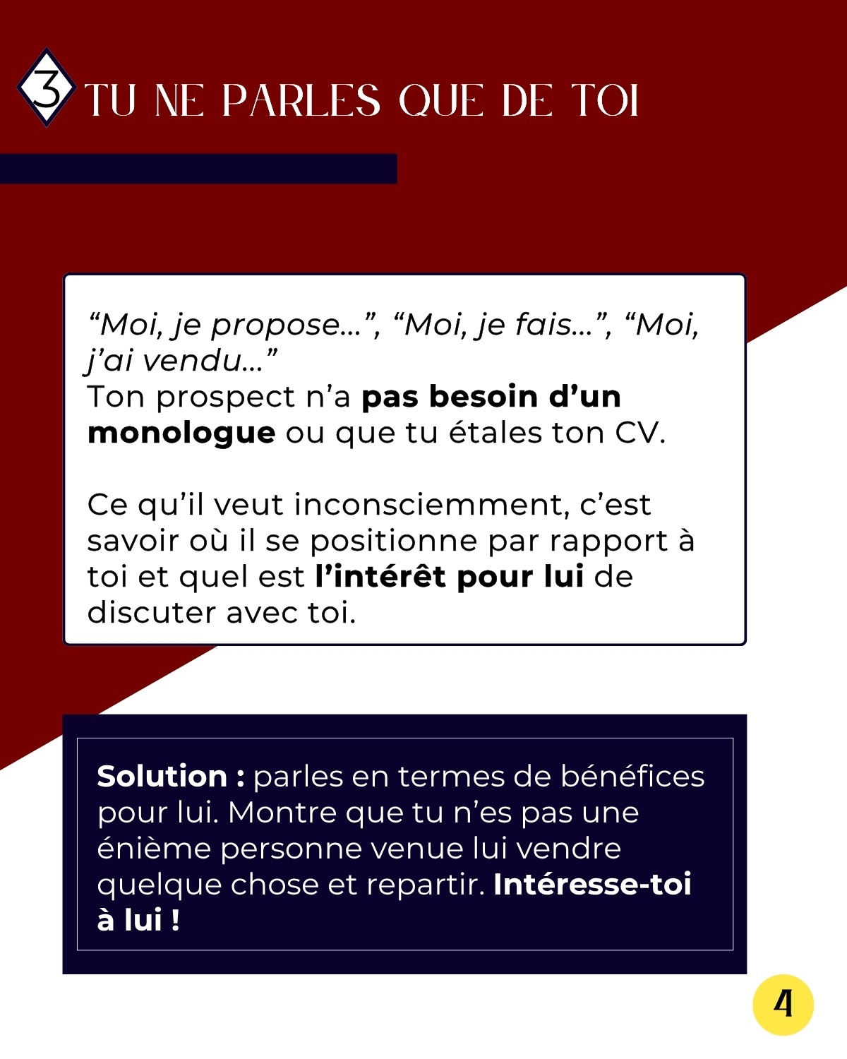 Optimisation de profil LinkedIn Sixième slide du carrousel LinkedIn réalisé par Léa Moisson, votre Social Media Manager pour ma cliente Amy Thiare, coach de vente et formatrice commerciale.