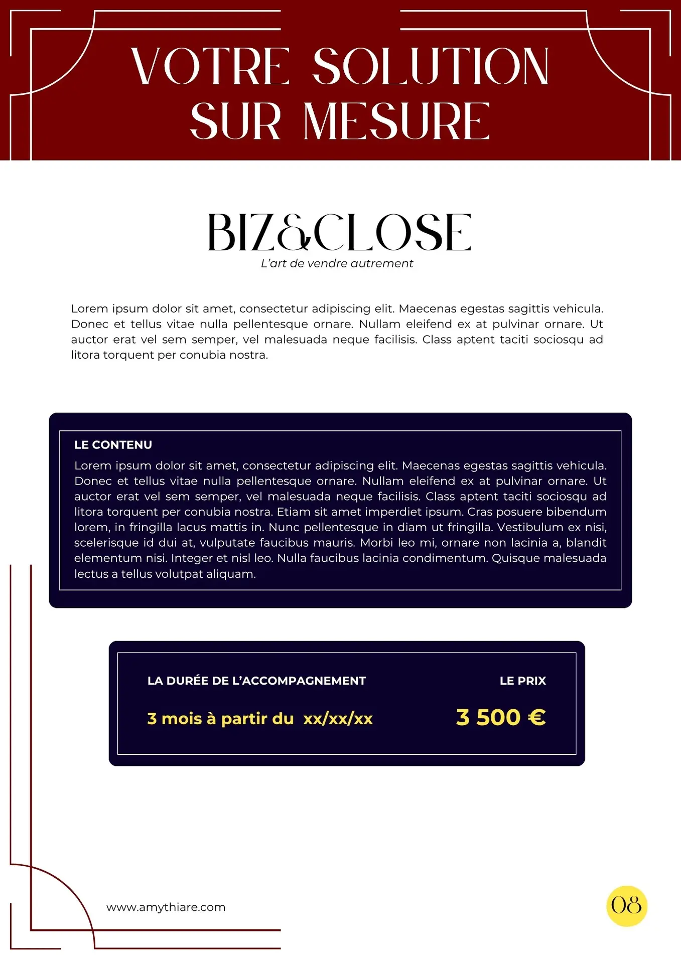 Optimisation de profil LinkedIn Page 7 du document proposition commerciale réalisé par Léa Moisson, votre Social Media Manager pour ma cliente Amy Thiare, coach de vente et formatrice commerciale.