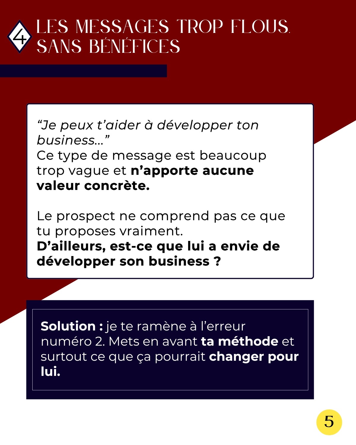 Optimisation de profil LinkedIn Septième slide du carrousel LinkedIn réalisé par Léa Moisson, votre Social Media Manager pour ma cliente Amy Thiare, coach de vente et formatrice commerciale.