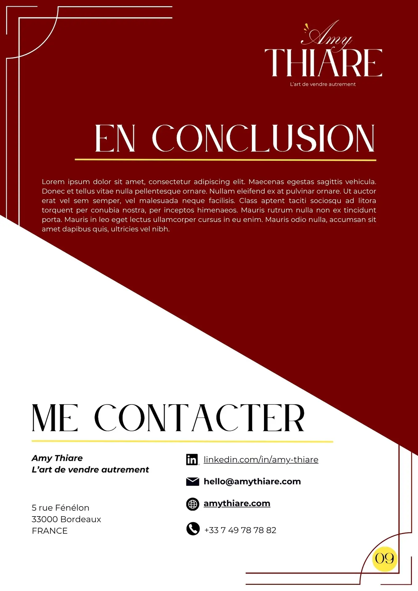 Optimisation de profil LinkedIn Page de conclusion du document proposition commerciale réalisé par Léa Moisson, votre Social Media Manager pour ma cliente Amy Thiare, coach de vente et formatrice commerciale.