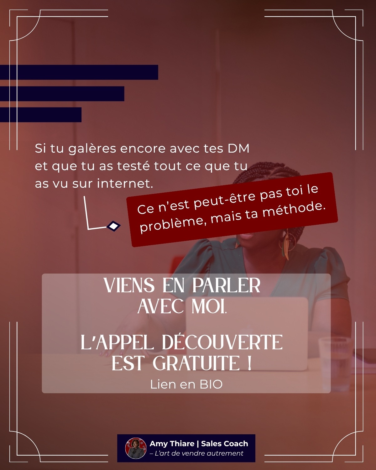 Optimisation de profil LinkedIn Dernière slide du carrousel LinkedIn réalisé par Léa Moisson, votre Social Media Manager pour ma cliente Amy Thiare, coach de vente et formatrice commerciale.